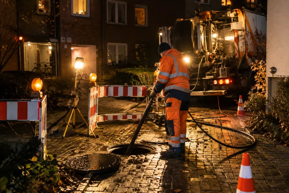 Abgesicherter Kontrollschacht bei Nacht mit Arbeitsscheinwerfer, Spülschlauch und Einsatzfahrzeug im Hintergrund